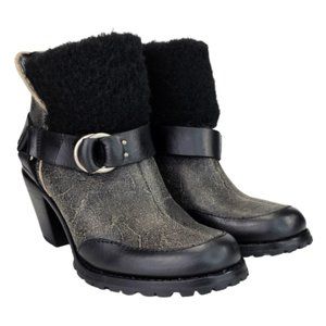 Woolrich Miss Alice Crackle Leather Buckle Harness Ankle Heeled Boot Shoes Sz 6